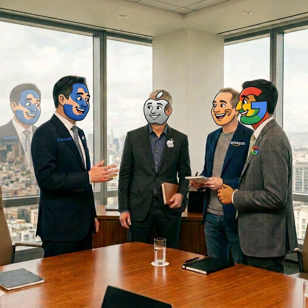 Four men in business attire having a discussion in a high-rise office with large windows overlooking a cityscape.