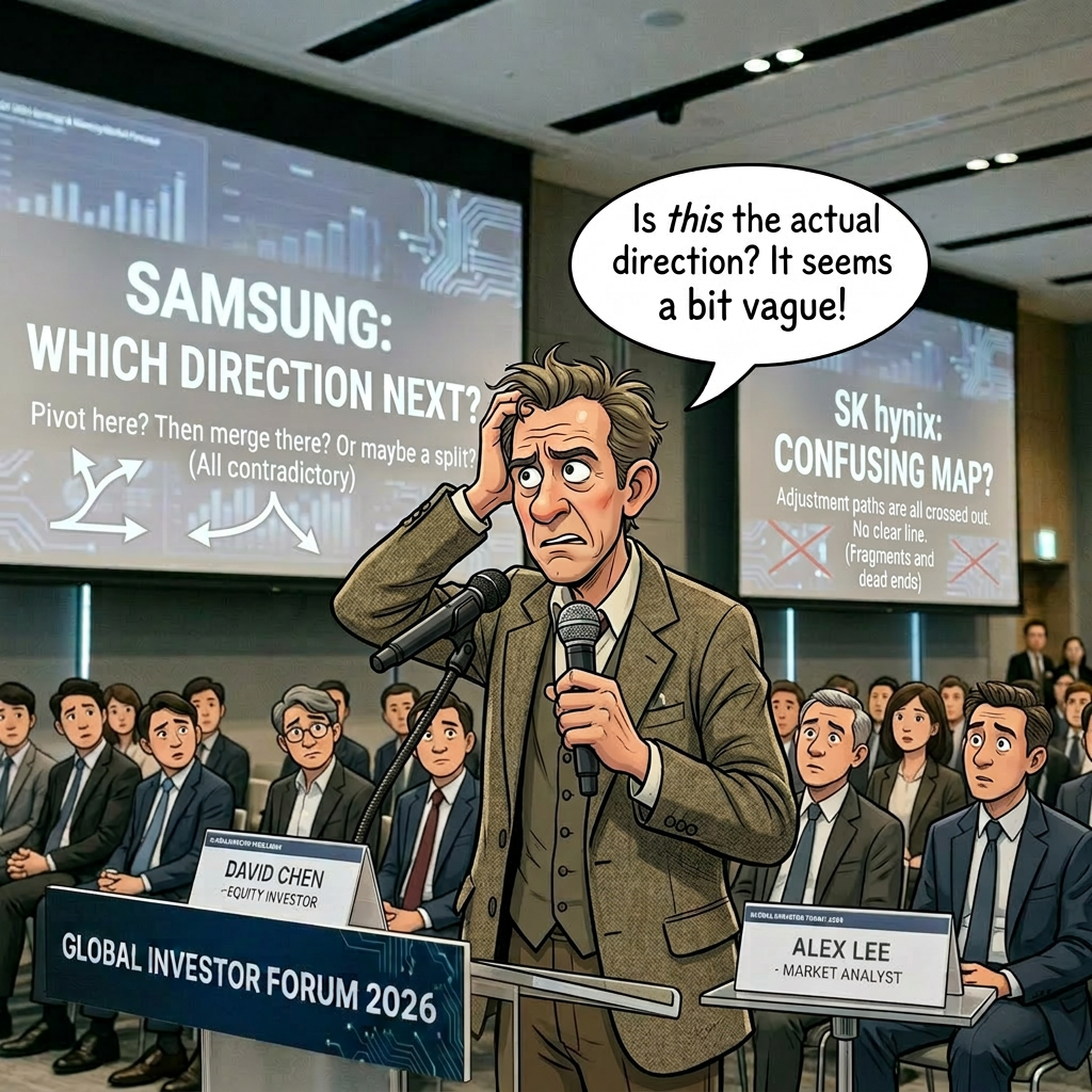 Speaker David Chen addressing an audience at the Global Investor Forum 2024 with presentations on Samsung future outlook and SK hynix strategy