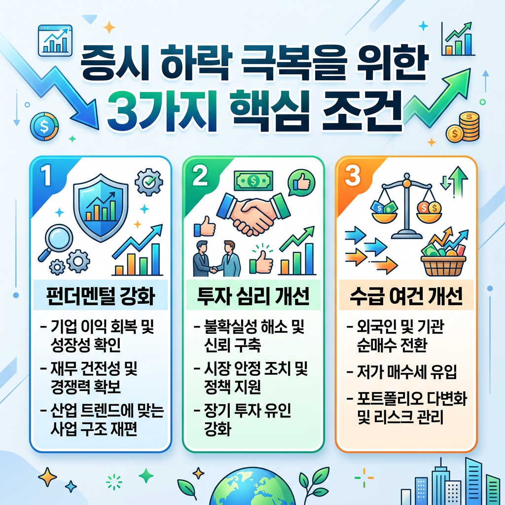 Three key conditions to overcome stock market decline with icons for fundamentals, investor psychology, and supply improvement
