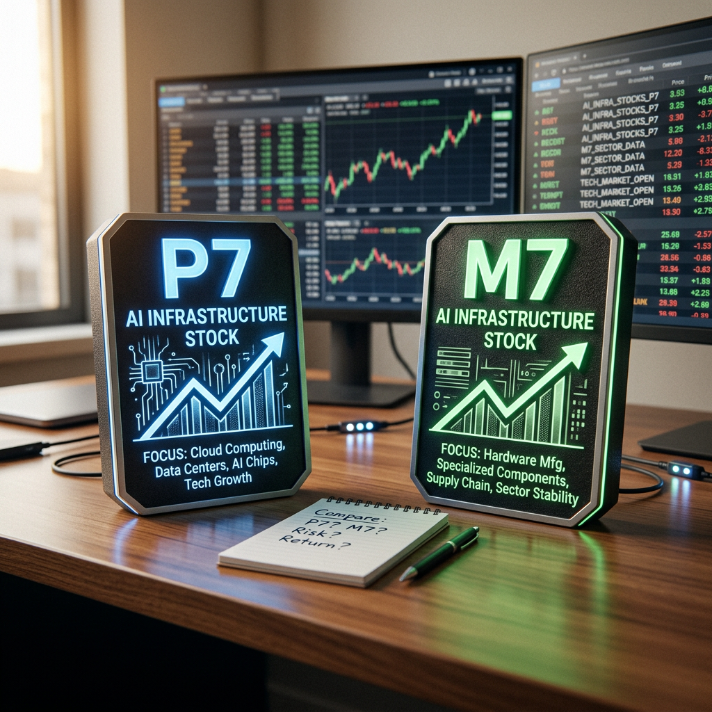 Two illuminated signs displaying AI infrastructure stocks P7 and M7 with their focus areas