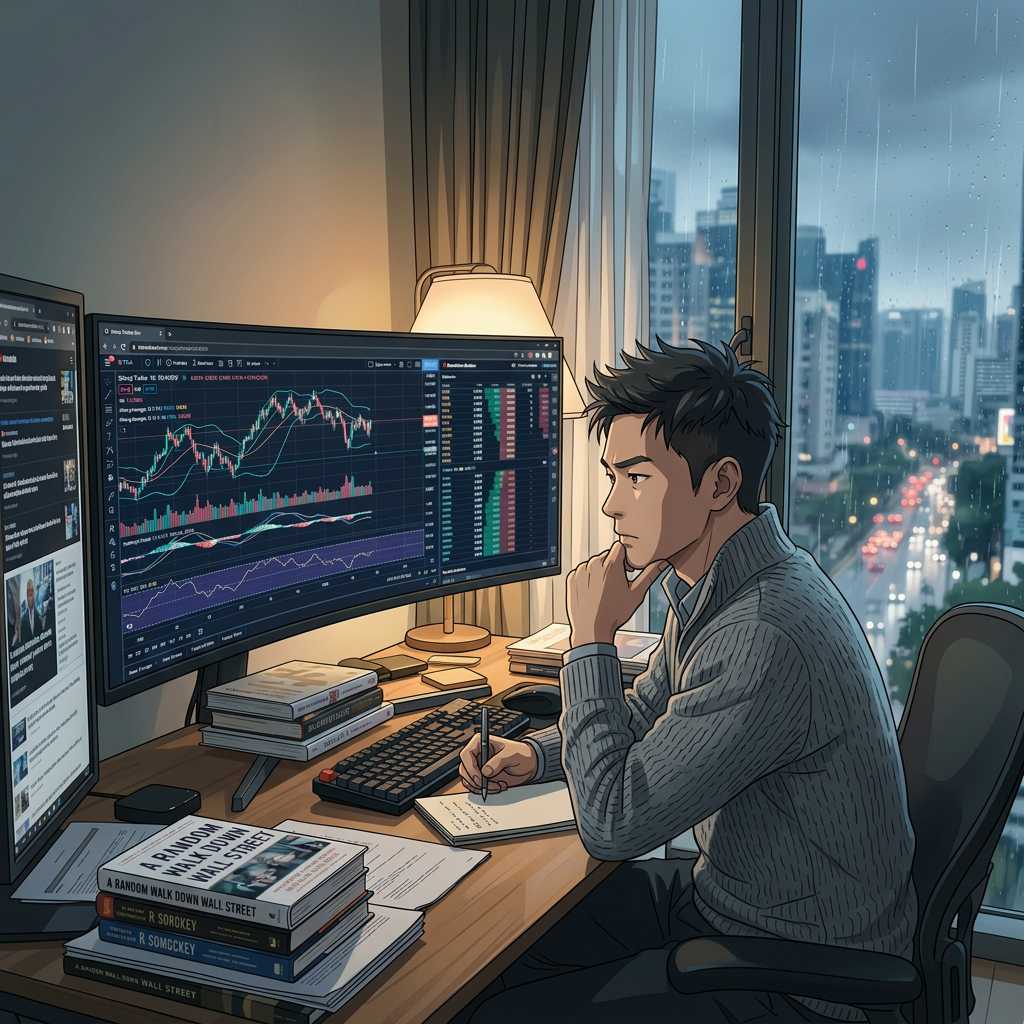 Man analyzing stock market charts on dual monitors while taking notes